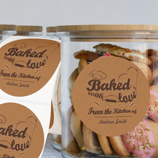 Minimalist Brown Custom Baked With Love Rustic  Classic Round Sticker (Creator Uploaded)