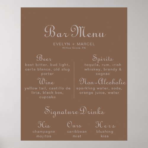 Minimalist Brown Evening Boho Wedding Bar Menu  Poster