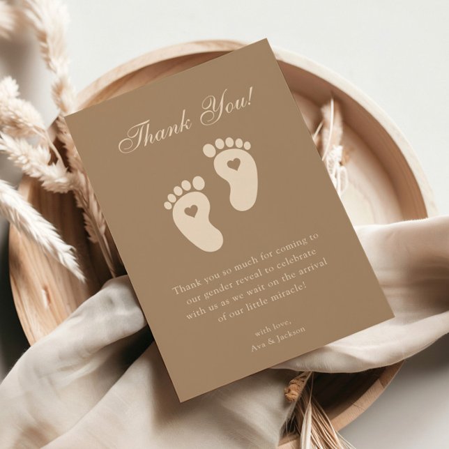 Minimalist Brown Footprints Gender Reveal Party Thank You Card (Creator Uploaded)