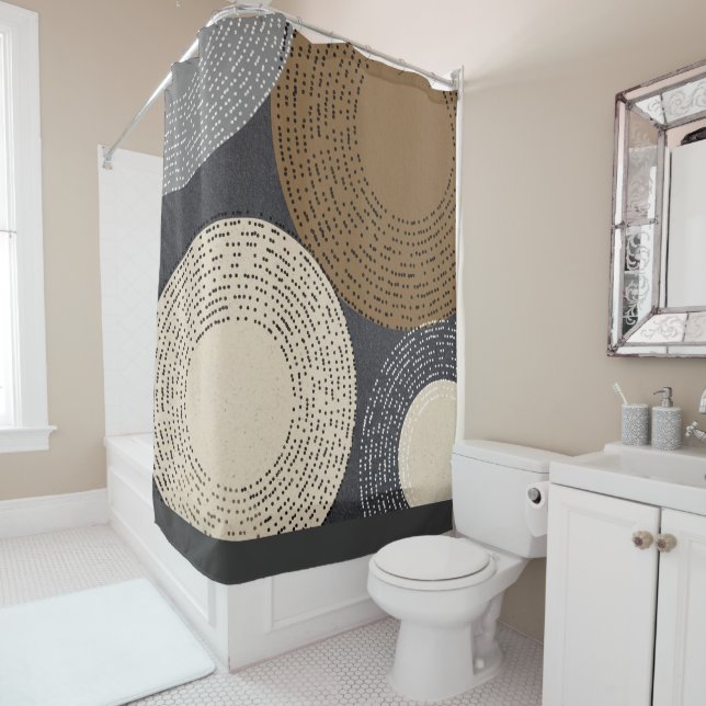Minimalist Brown Grey Circles Shower Curtain (In Situ)