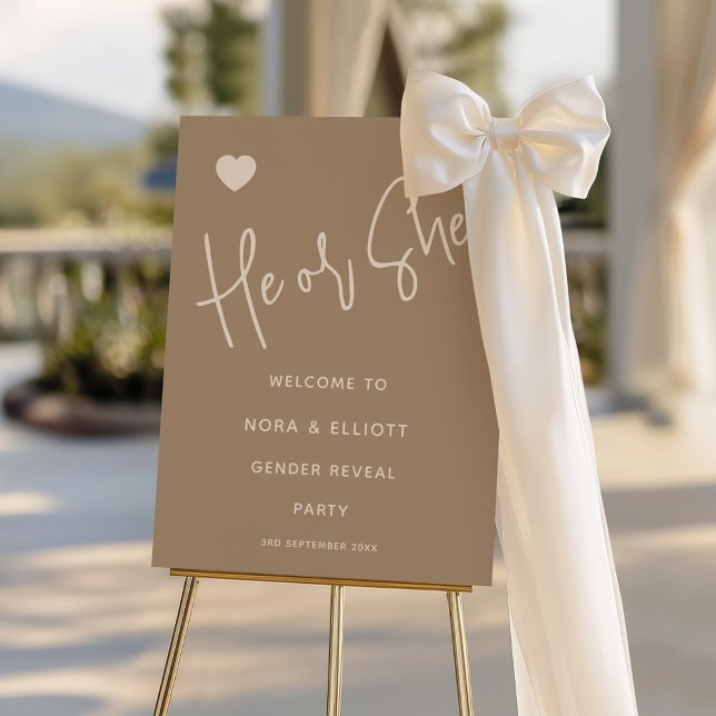 Minimalist Brown He or She Gender Reveal Welcome Foam Board (Creator Uploaded)