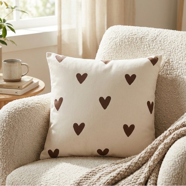 Minimalist Brown Hearts Pattern| Aesthetic dorm  Throw Pillow (Creator Uploaded)