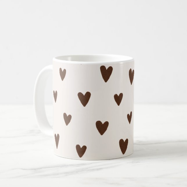 Minimalist Brown Hearts Pattern | Aesthetic Neutra Coffee Mug (Front Left)