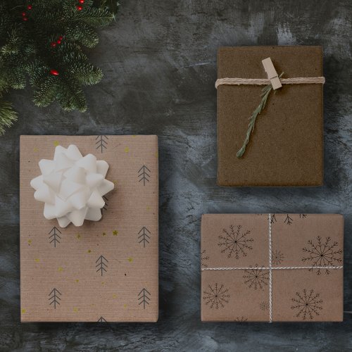 Minimalist Brown Kraft  Black Christmas Trio Gift Wrapping Paper Sheets