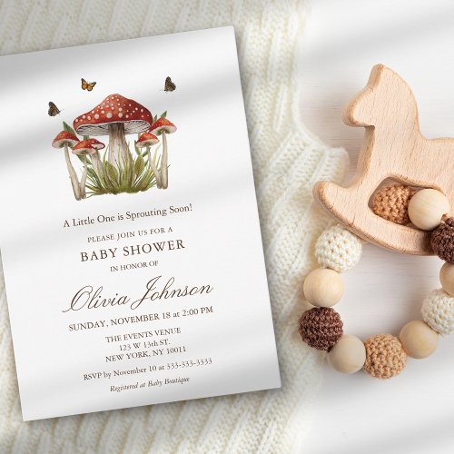 Minimalist Brown Maroon Mushroom Theme Baby Shower Invitation