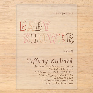 Minimalist Brown Modern Gender Neutral Baby Shower Acrylic Invitations