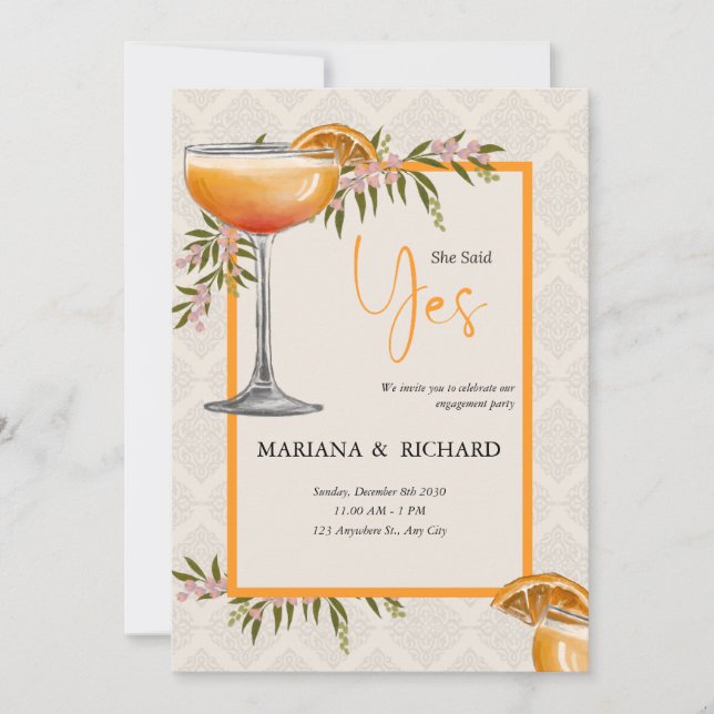 Minimalist Brown Orange Engagement Party Card (Front)