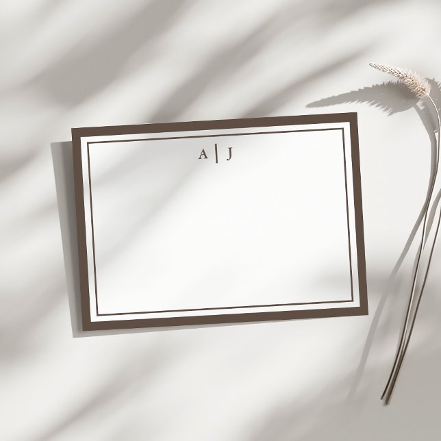 Minimalist Brown Two Border Monogram Note Card (Creator Uploaded)