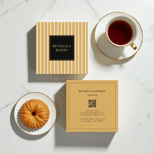 Minimalist Brown & White Stripes QR Code Bakery Square Business Card