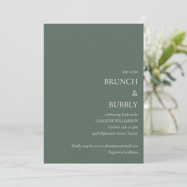 Minimalist Brunch Bubbly Bridal Shower Dark Sage Invitation (Standing Front)