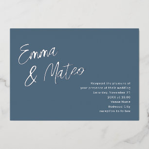 Minimalist Brush Calligraphy Wedding Dusty Blue Foil Invitation