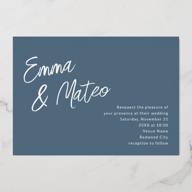 Minimalist Brush Calligraphy Wedding Dusty Blue Foil Invitation (Front)