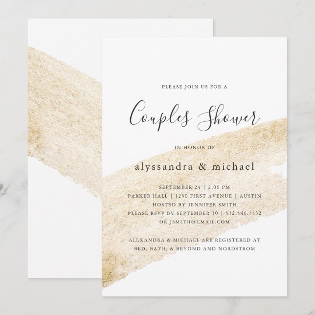 Minimalist Brush | Faux Gold Stripe Couples Shower Invitation (Front/Back)