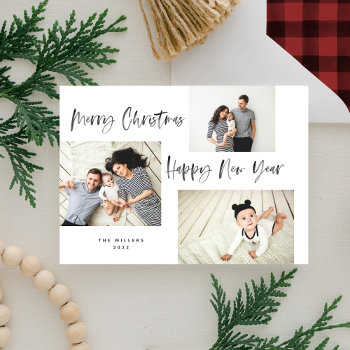 Minimalist Brush Script 3 Collage Photo Holiday Card by NBpaperco at Zazzle