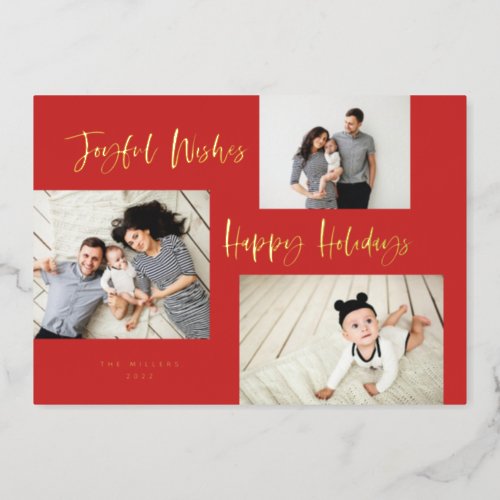 Minimalist Brush Script 3 Collage Photo Red Foil Holiday Card