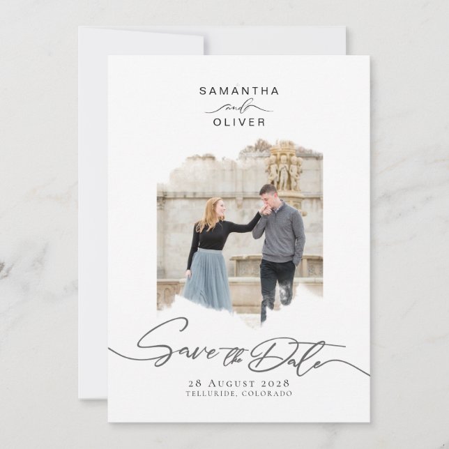 Minimalist Brush Stroke Photo  Frame Save the Date Invitation (Front)