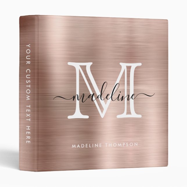 Minimalist Brushed Metal Rose Gold Monogram 3 Ring Binder (Front/Spine)