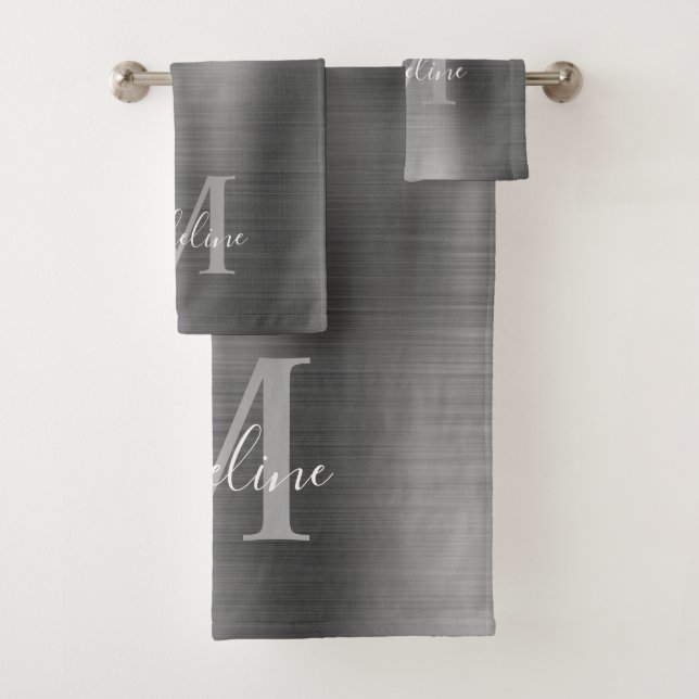 Minimalist Brushed Metallic Silver Gray Monogram Bath Towel Set (Insitu)