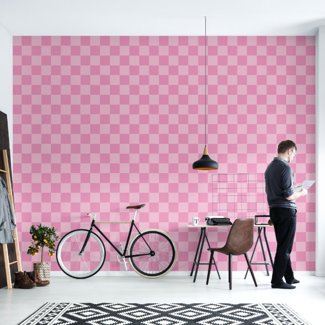Minimalist Bubblegum Pink Checkered Pattern Wallpaper (Living Room)