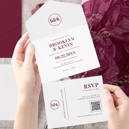 Minimalist Budget Burgundy Red QR Code  PHOTO All In One Invitation