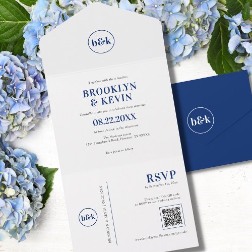 Minimalist Budget Navy Blue QR Code  PHOTO All In One Invitation