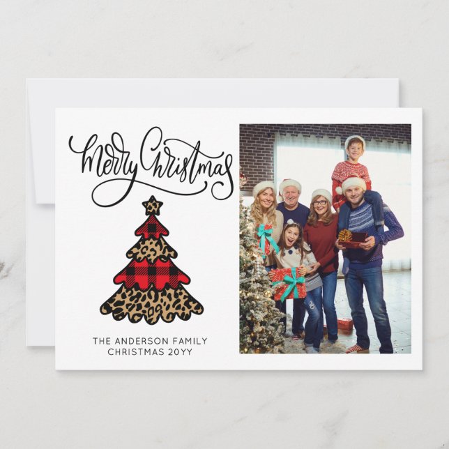 Minimalist Buffalo Plaid & Leopard Tree Photo  Holiday Card (Front)