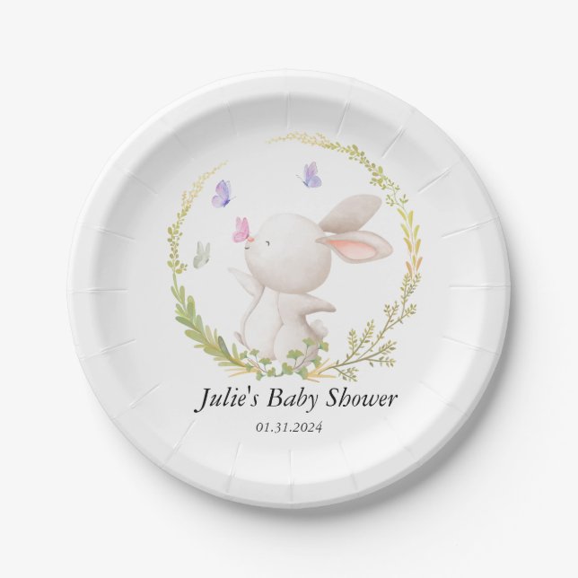 Minimalist Bunny and Butterflies Baby Shower Paper Plates (Front)