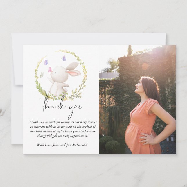Minimalist Bunny and Butterflies Baby Shower Photo Thank You Card (Front)