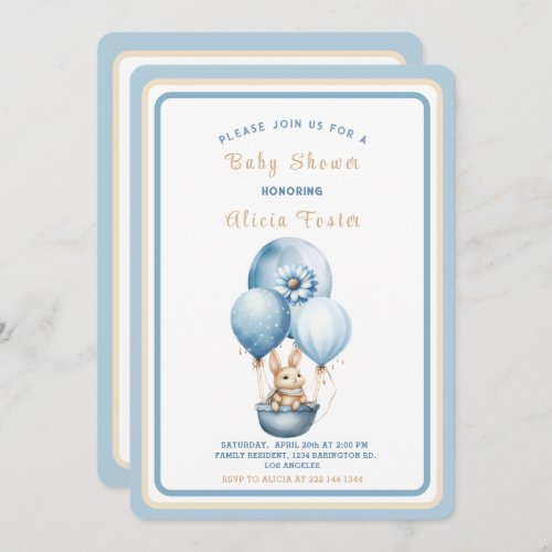  Minimalist Bunny Blue Watercolor Baby Boy Shower Invitation