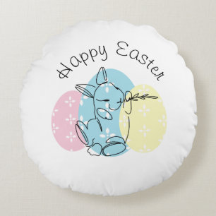 Minimalist Bunny Line Art Easter Eggs Spring Round Pillow