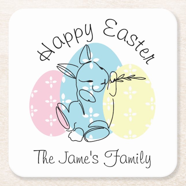 Minimalist Bunny Line Art Easter Eggs Spring     Square Paper Coaster (Front)