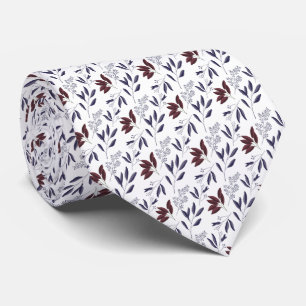Minimalist Burgundy and Blue Leaf Stems and Flower Neck Tie