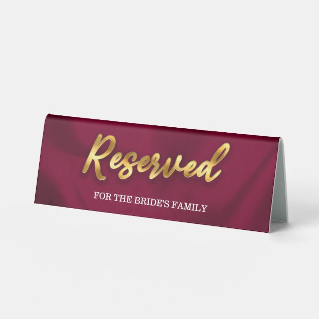 Minimalist Burgundy and Gold Wedding Reserved Seat Table Tent (Front)
