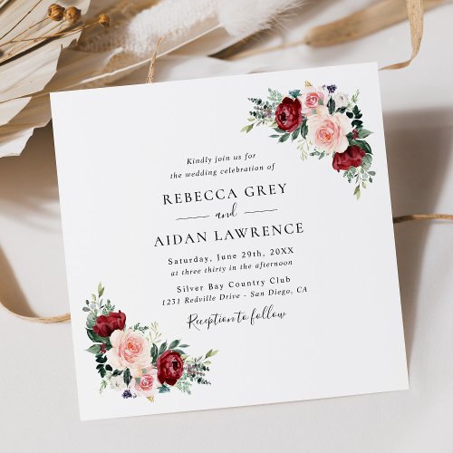 Minimalist Burgundy Blush Floral Wedding Square Invitation