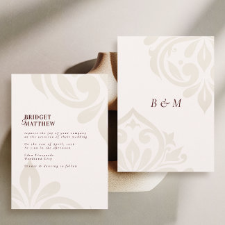 Minimalist Burgundy Cream Classic Damask Wedding Invitation
