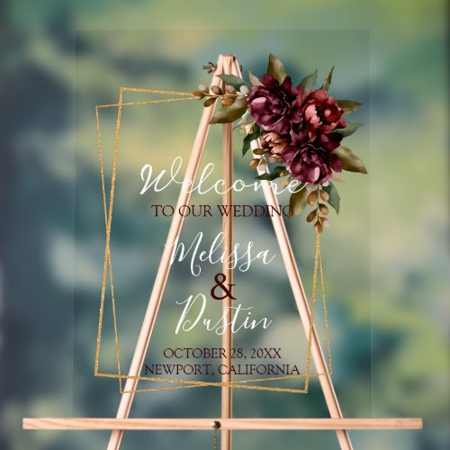 Minimalist Burgundy Floral Fall Wedding Welcome  Acrylic Sign