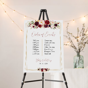 Minimalist Burgundy Floral Reception Schedule Foam Board