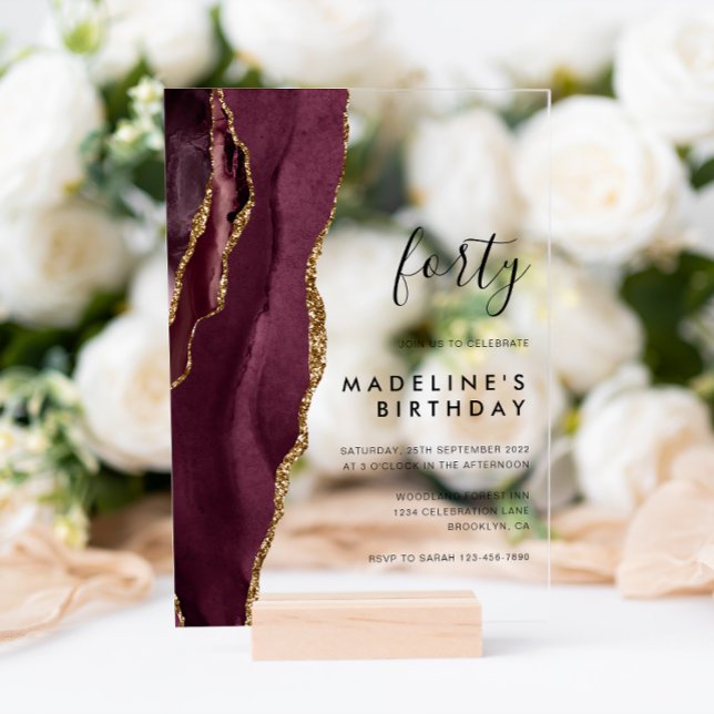 Minimalist Burgundy Gold Agate Geode 40th Birthday Acrylic Invitations (Creator Uploaded)