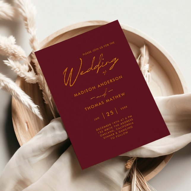 Minimalist Burgundy Gold Modern Typography Wedding Invitation (Creator Uploaded)