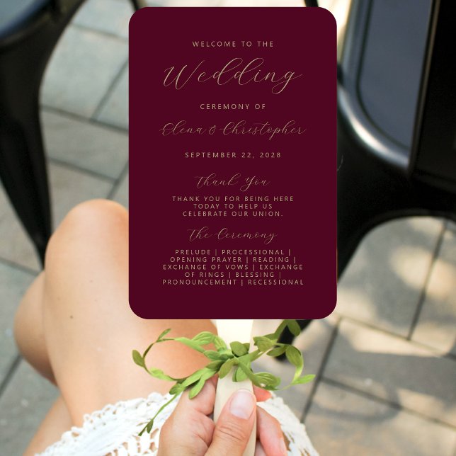 Minimalist Burgundy Gold Script Wedding Program Hand Fan (Creator Uploaded)