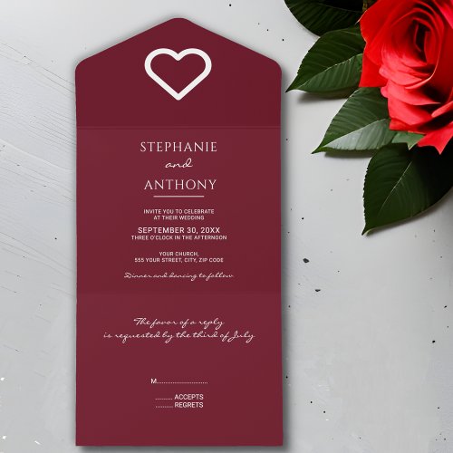 Minimalist Burgundy Heart Modern Wedding   All In One Invitation