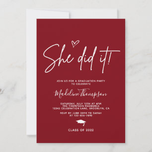 Minimalist Burgundy Heart She did it Graduation Invitation