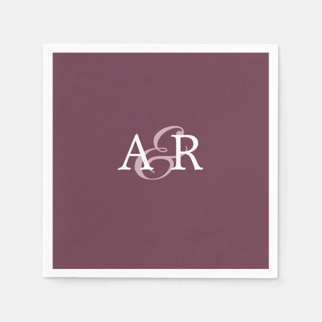 Minimalist Burgundy Initial Monogram Wedding Napkins (Front)