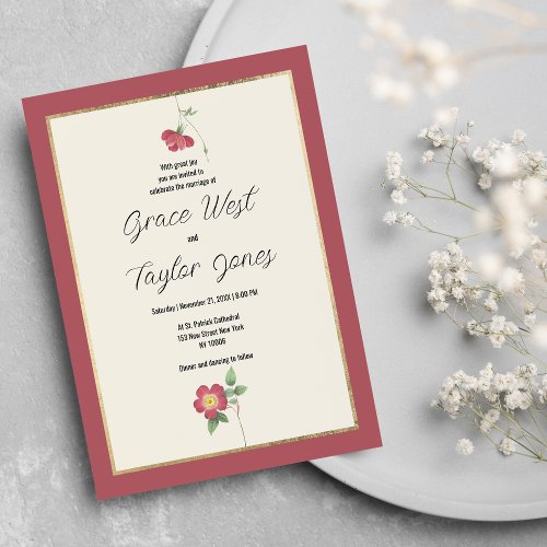 Minimalist burgundy ivory gold mint floral Wedding Invitation