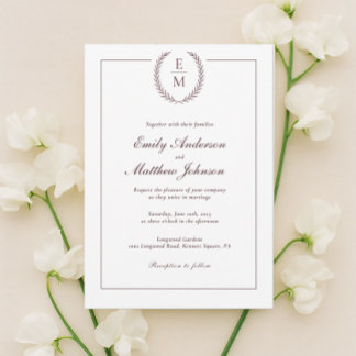 Minimalist Burgundy Laurel Wedding Invitation