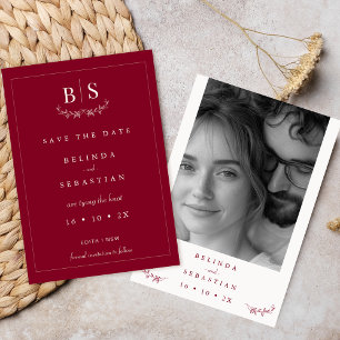 Minimalist Burgundy Monogram Save The Date Card
