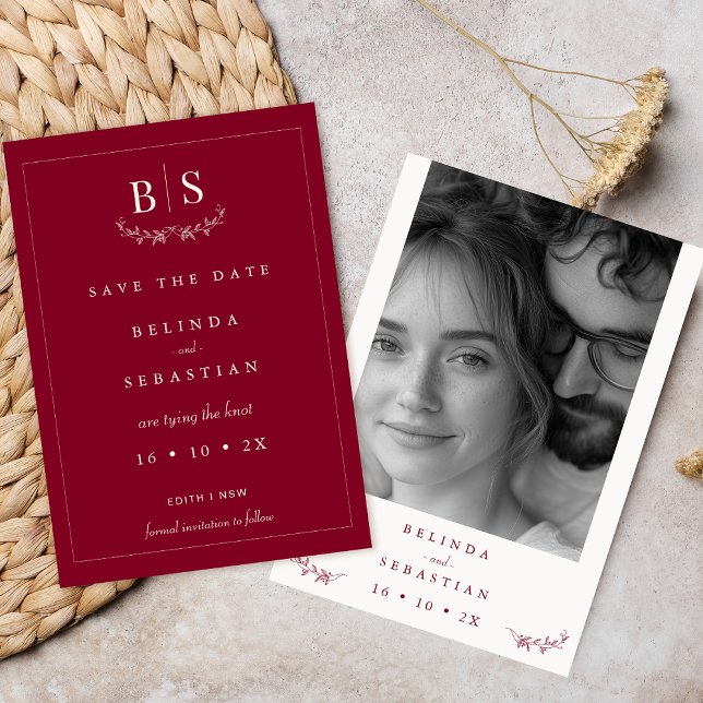 Minimalist Burgundy Monogram Save The Date Card (Burgundy Minimalist Monogram Save The Date Card Template, Burgundy Wedding Save The Date Card, Leaf )