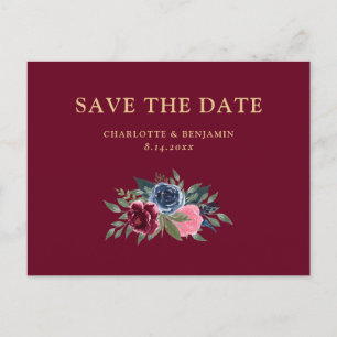 Minimalist Burgundy Navy Blue Floral Save The Date Announcement Postcard