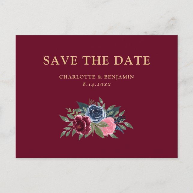 Minimalist Burgundy Navy Blue Floral Save The Date Announcement Postcard (Front)