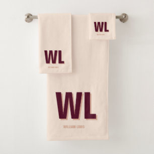 Minimalist Burgundy Pink Personalized Monogram Bath Towel Set
